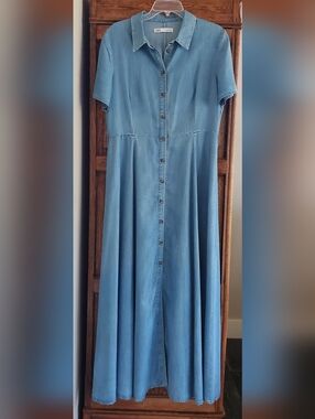 ZARA MAXI/MIDI DENIM CHAMBRAY/LYOCELL SHORT SLEEVE SHIRT DRESS LARGE EXCELLENT